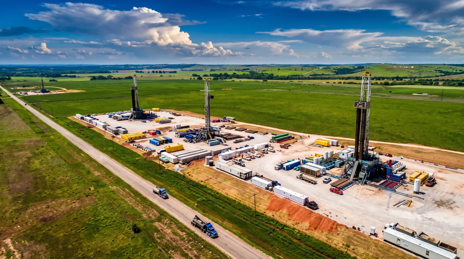 Aerial view of drilling rigs across open Oklahoma farmland